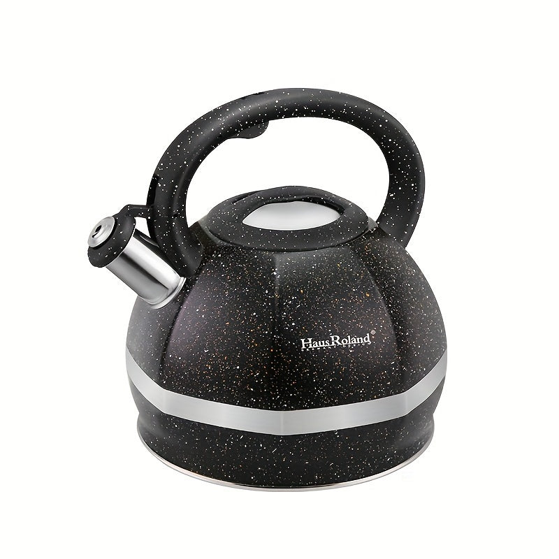 This 3L Hausroland Stainless Steel Tea Kettle has a heat-proof handle and whistles when it boils. It is suitable for both gas and electric stoves, and does not require electricity to operate.