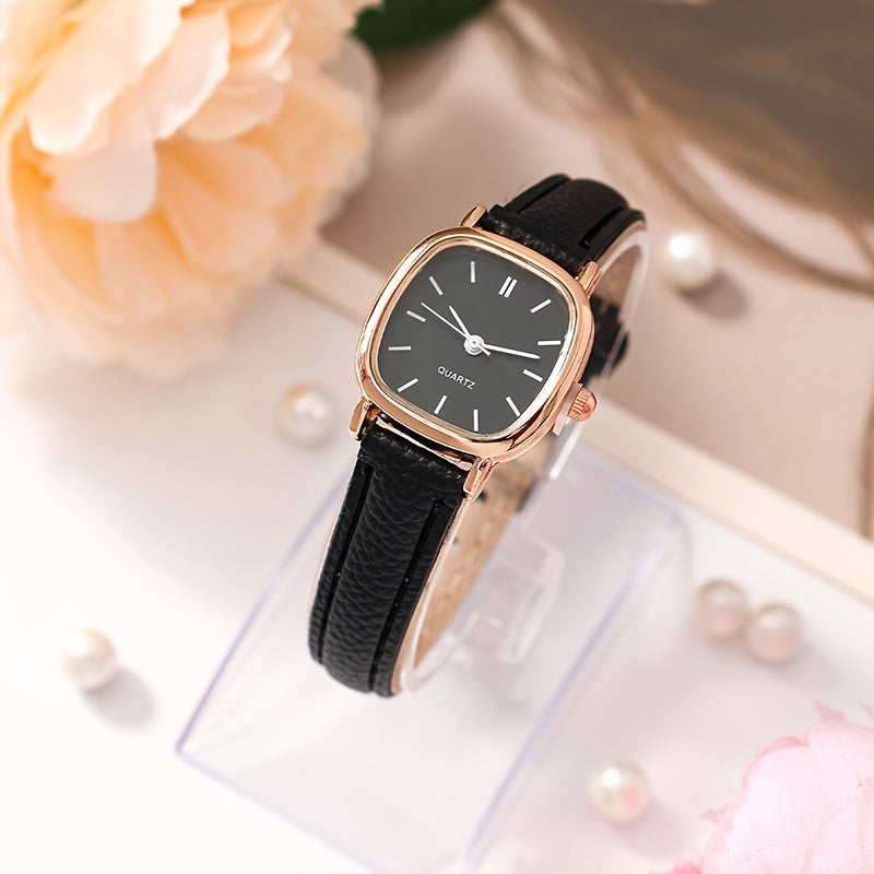 Elegant women's wrist watch with synthetic leather band, quartz movement, rectangular dial, pointer display, electronic drive, button battery powered.