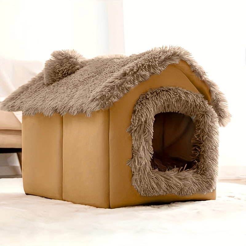 Plush pet bed for cats and dogs with removable non-slip bottom, suitable for four-season use in a semi-enclosed design.