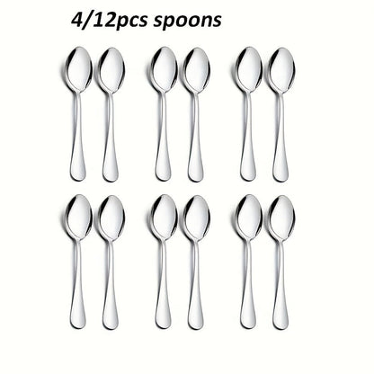 Set of 12 mini stainless steel coffee spoons, measuring 13.46cm in length. Perfect for use with espresso and desserts at home, restaurants, or cafes. These spoons are dishwasher safe, with a polished silvery finish. Ideal for use as espresso accessories