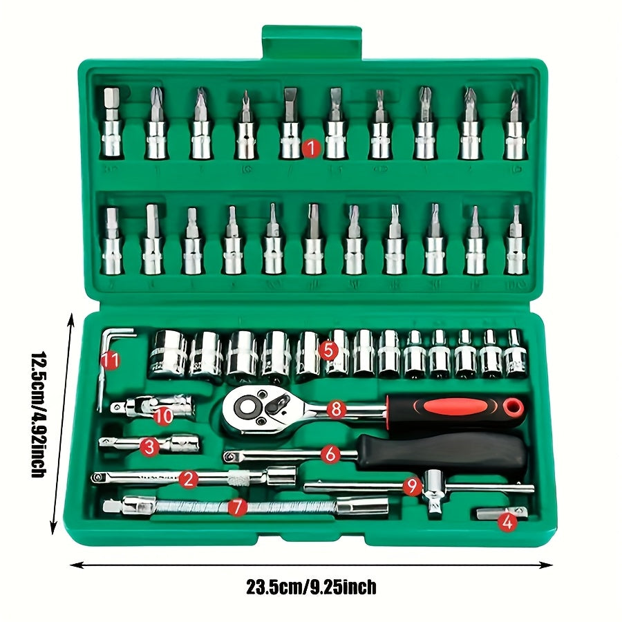 46-piece professional wheel tool set for advanced car repair, made of chrome vanadium steel. Includes quick wheel nut wrench, torque wrench, screwdriver, and portable green toolbox. Ideal