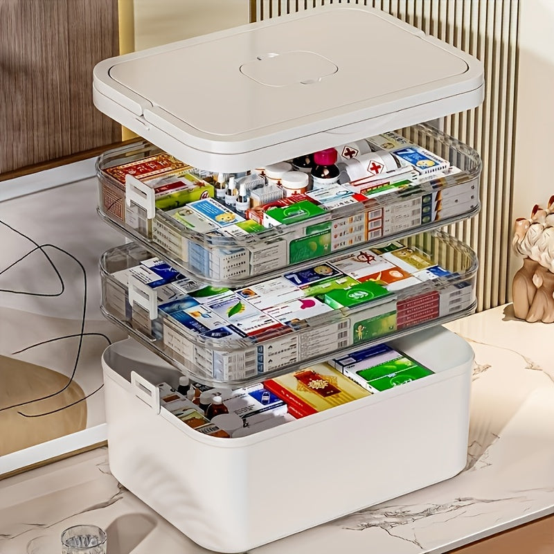 Durable multi-layer pill organizer box with handle for home and travel. Transparent plastic, non-food contact.