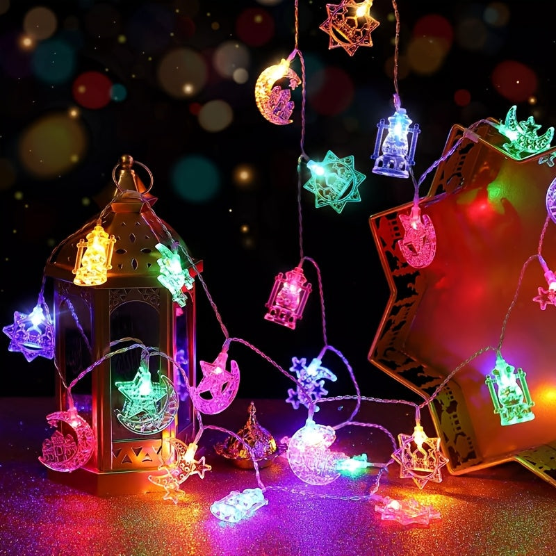 Battery-powered LED string lights with a golden Islamic-themed design featuring stars and moons, perfect for Ramadan, Diwali, and holiday décor. Made of plastic, switch-controlled, and