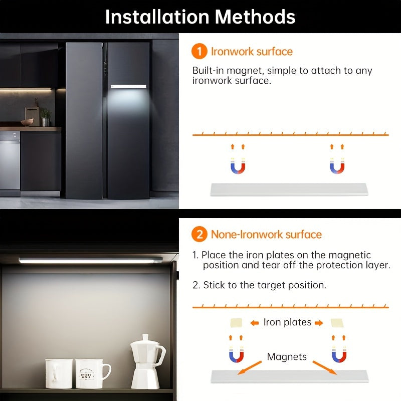 Motion-Activated LED Cabinet Light with USB Rechargeable, Metal Construction and Infrared Sensor for Easy Installation in Any Room.