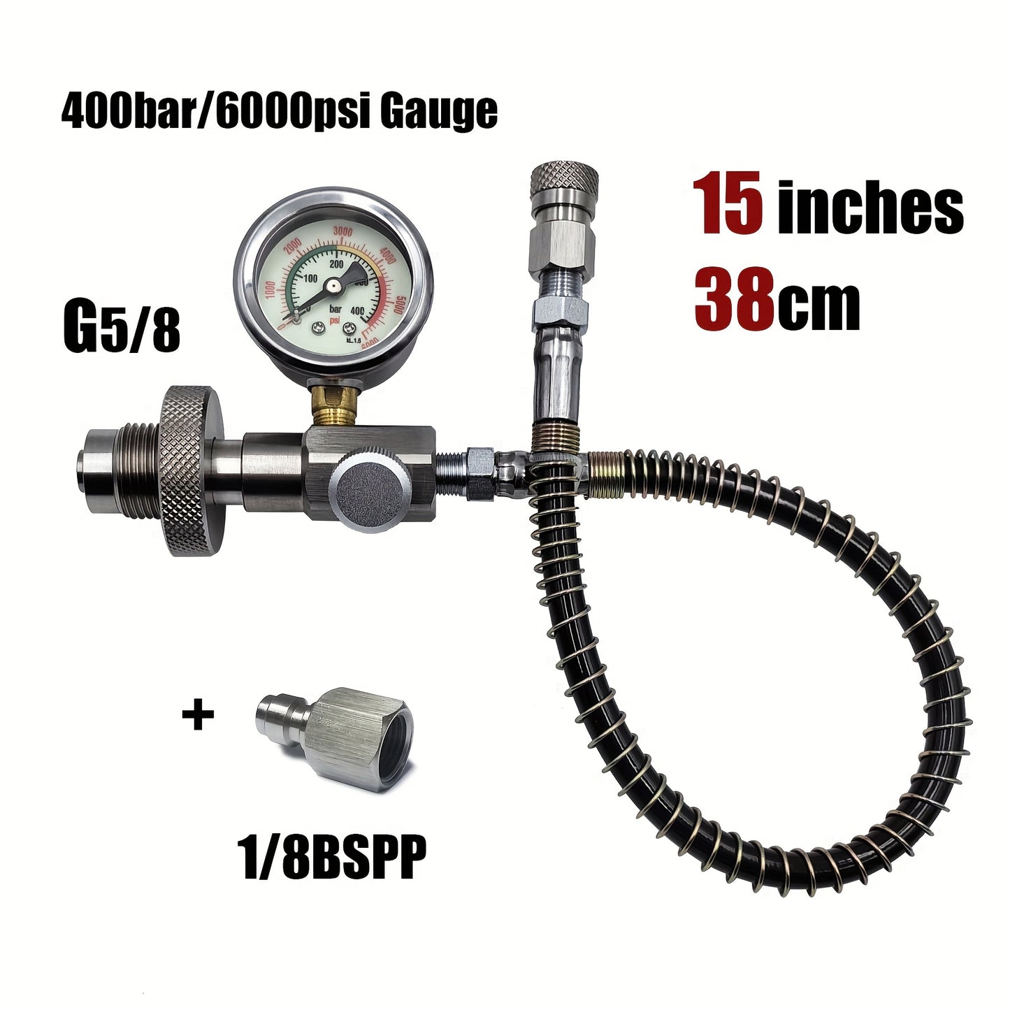 High-pressure diving filling station adapter kit with 6000psi gauge, stainless steel, includes quick disconnect hose for transferring gas from large tanks to small bottles.