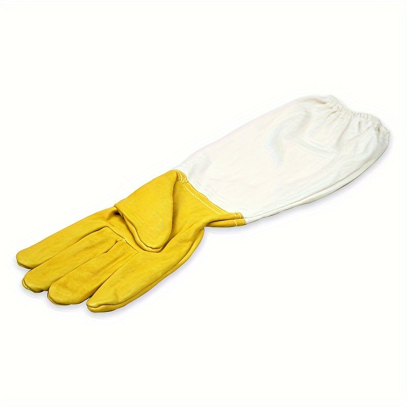 Beekeeping gloves with durable goatskin faux leather, ventilated long sleeves, elastic cuffs, and yellow palm protection