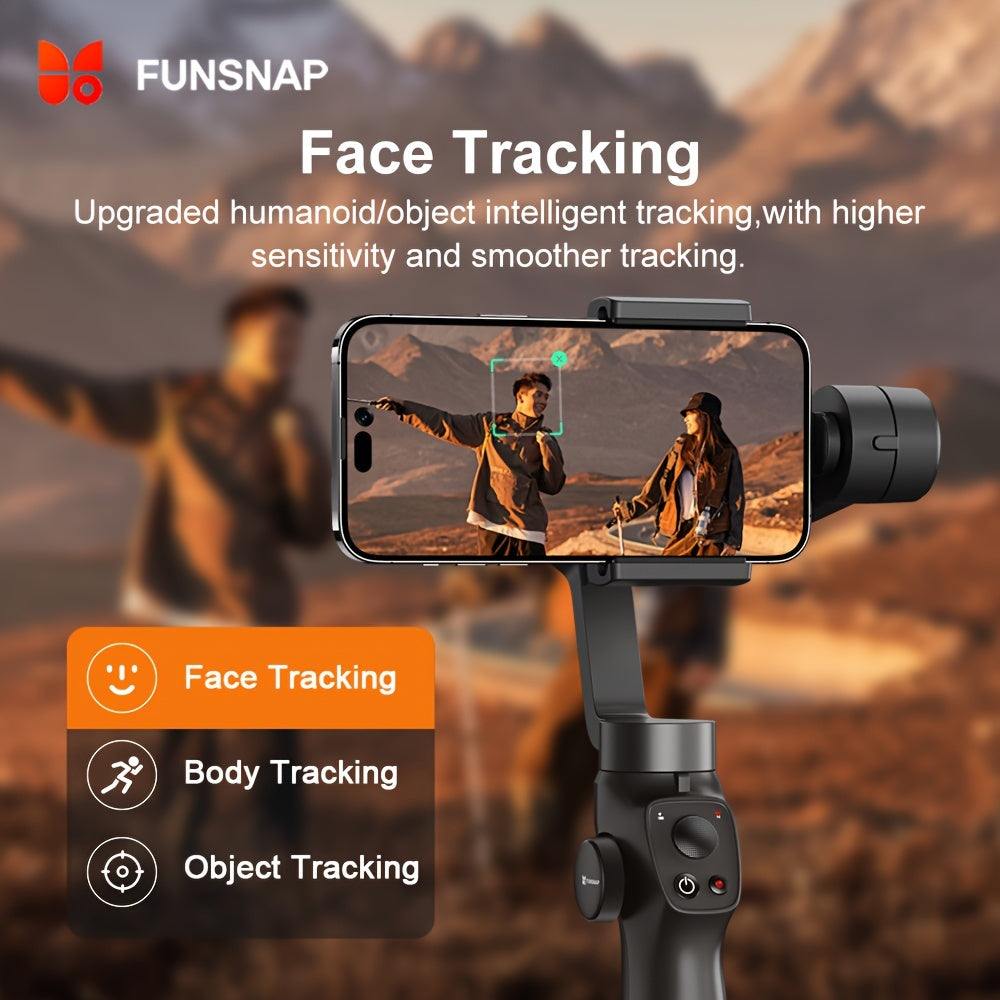 Funsnap Capture 2S Pro Gimbal Stabilizer for smartphones offers auto-tracking, USB rechargeable, and wireless charging for both iPhone and Android devices.