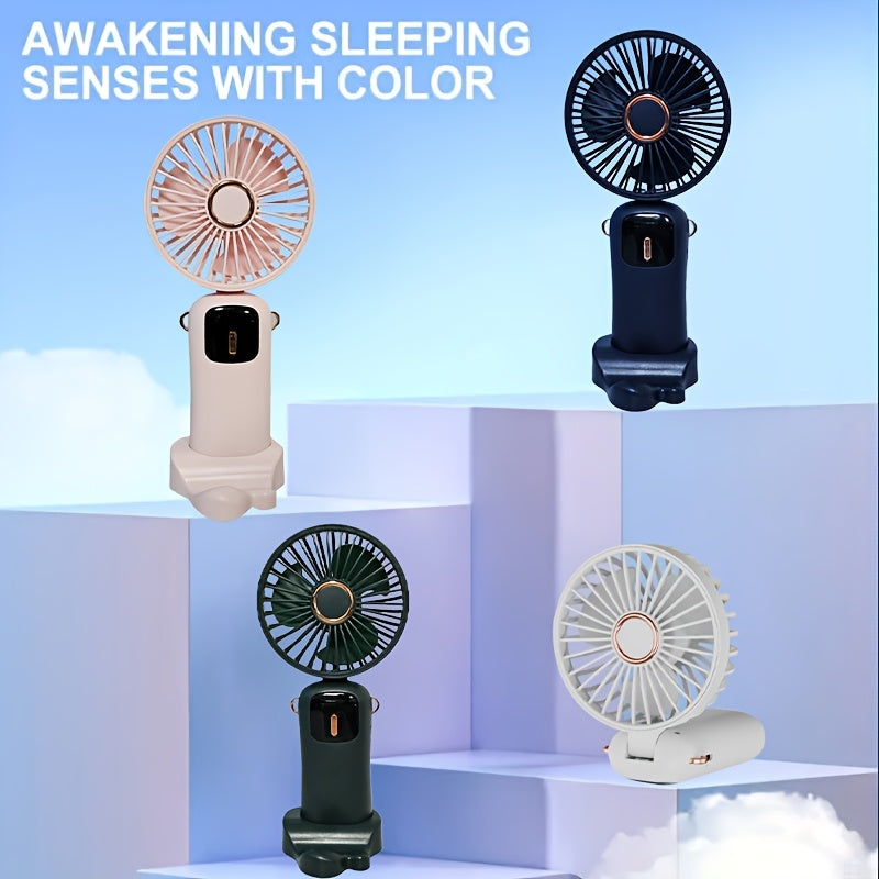 Stay cool on-the-go with the Sleek Portable Mini Fan featuring LED Display. This 5-speed adjustable fan is USB rechargeable and foldable for easy storage. With a 1200mAh battery, it's perfect for use on your desk, in the office, bedroom, or while