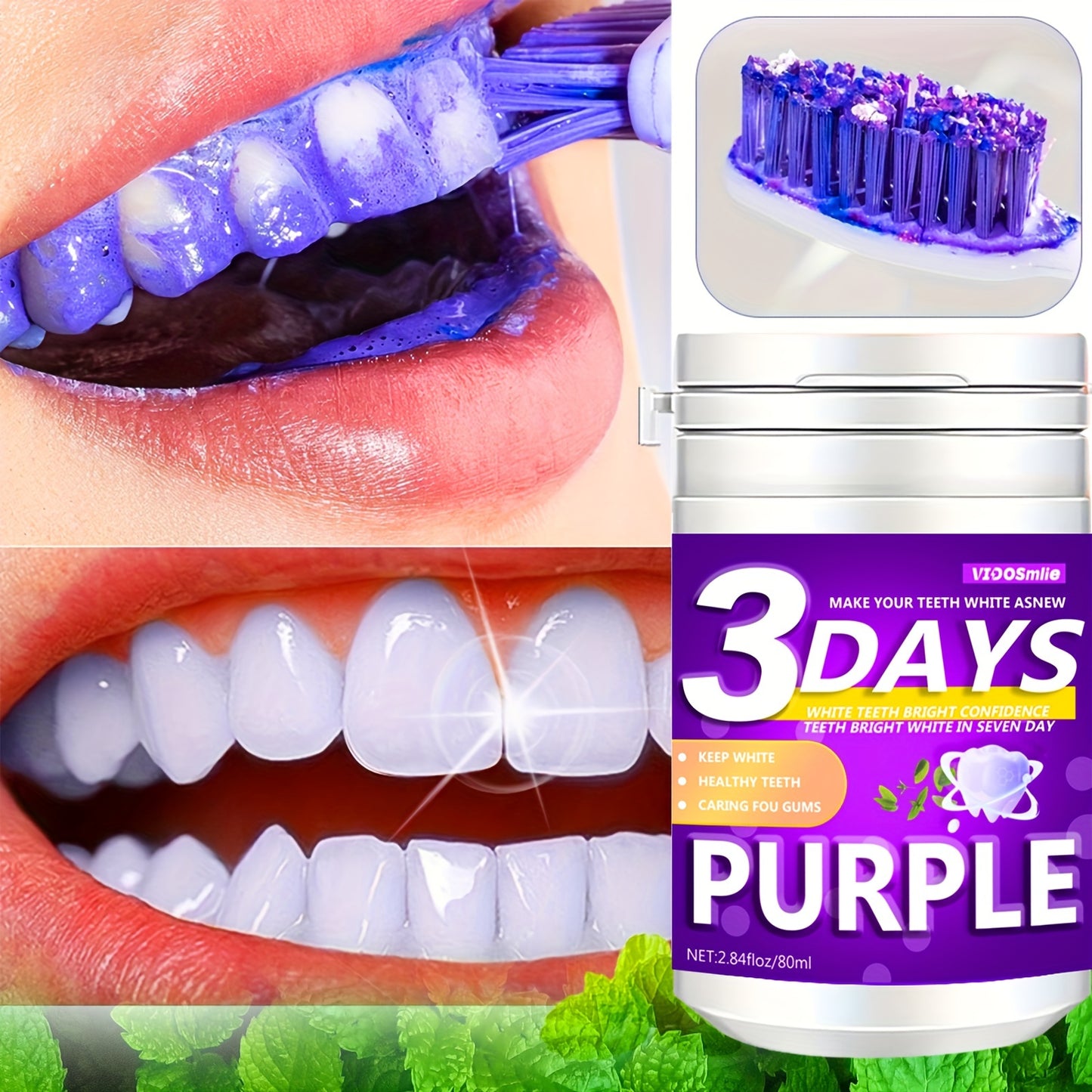 Vidosmile Purple Tooth Powder 80ml: Natural teeth whitening with honeysuckle flower & mint, baking soda brightening, gentle oral care for fresh breath & healthy gums.