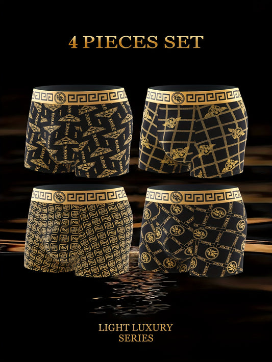 Set of 4 Men's Luxury Black & Golden Boxer Briefs with Unique Prints - High-Elasticity Polyester-Spandex Blend, Comfortable & Non-Transparent