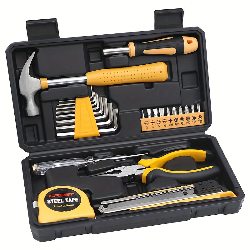 25/26 piece General Household Hand Tool Kit Set for DIY projects and home repairs. Includes plastic toolbox storage case in yellow color.