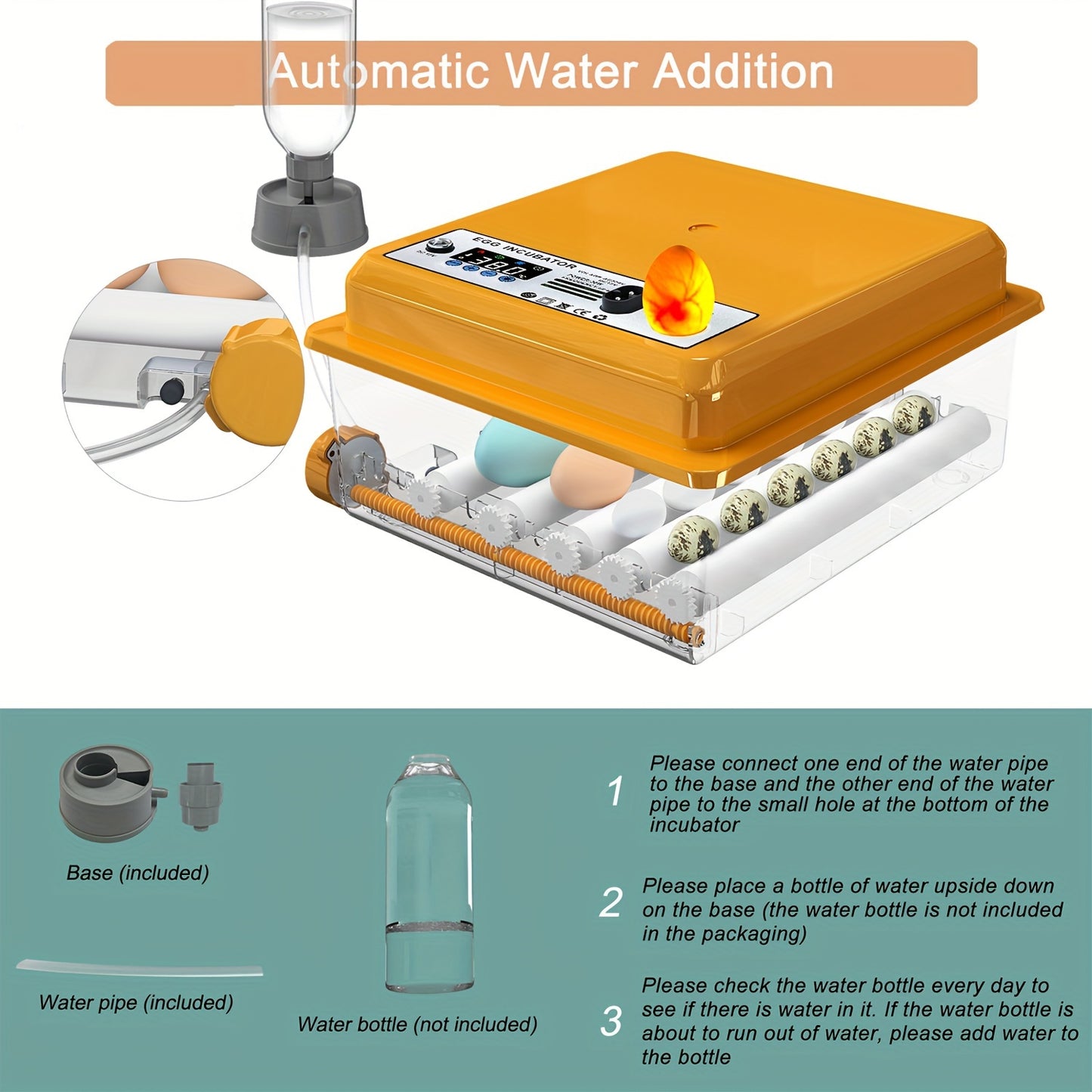 CoInceptus 16-Egg Incubator: Transparent, Orange, LED Lamp, Automatic Water Filling, Easy Assembly. Ideal for Duck, Quail, Goose, Pigeon Eggs. Perfect for Lab Egg Turning.