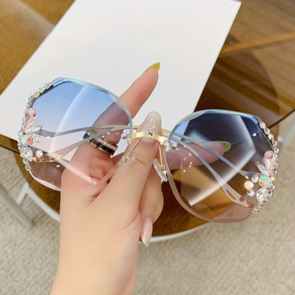 Purchase one and receive one free rhinestone glasses with a frameless gradient lens and a unique bent leg design.