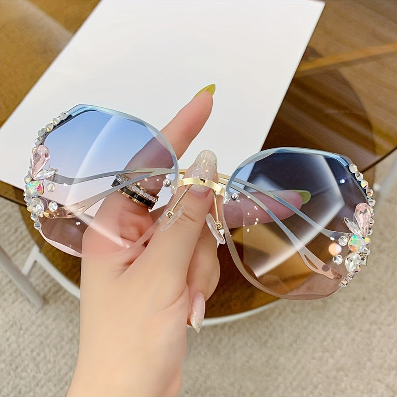 2 Rhinestone fashion glasses for women, frameless gradient lens with gemstone accents and unique bent leg design, buy 1 get 1 free.