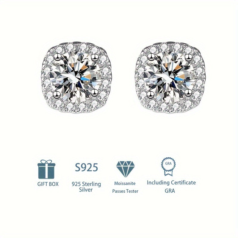 Luxurious and Delicate Bohemian Style Sterling 925 Silver Stud Earrings with Sparkling Square Moissanite Design - Perfect Female Gift