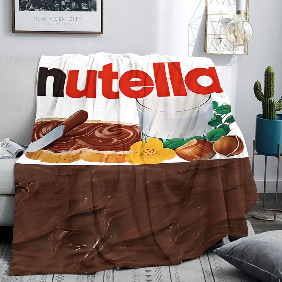 Stay cozy with this Nutella-inspired flannel throw blanket featuring a modern digital print. This stain-resistant blanket is perfect for all seasons and made with durable polyester knit fabric, ideal for home decor, office use, travel, and picnics.