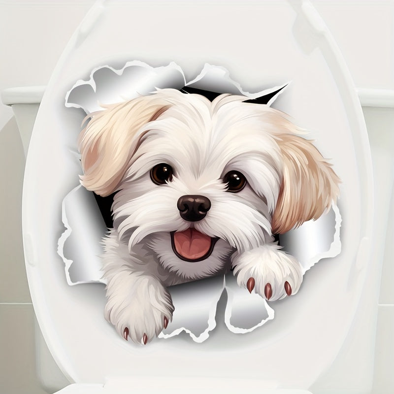 White dog toilet decal for easy stick and removal, ideal for home decor.