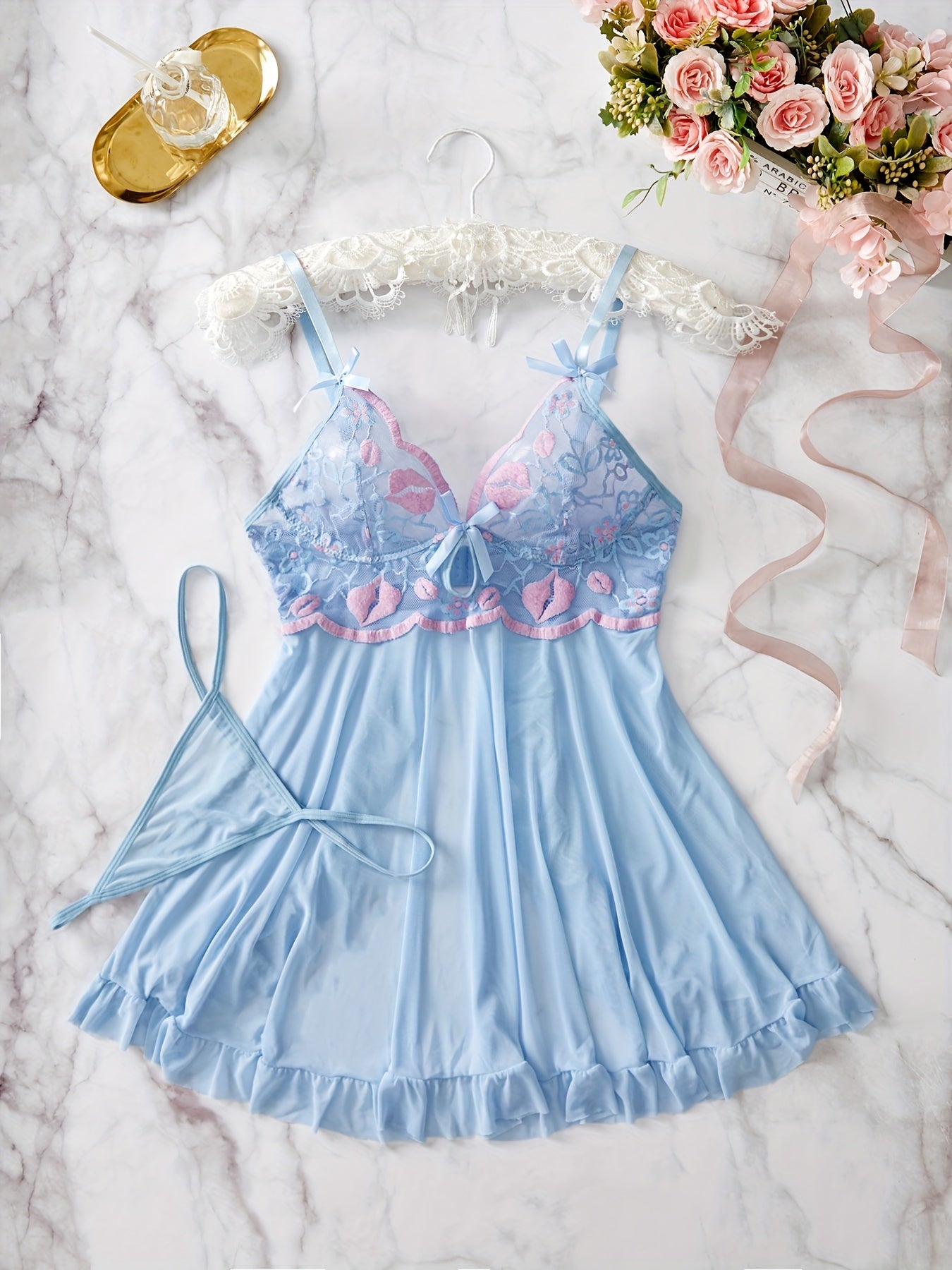 Lace Patchwork Suspender Dress Set for Women