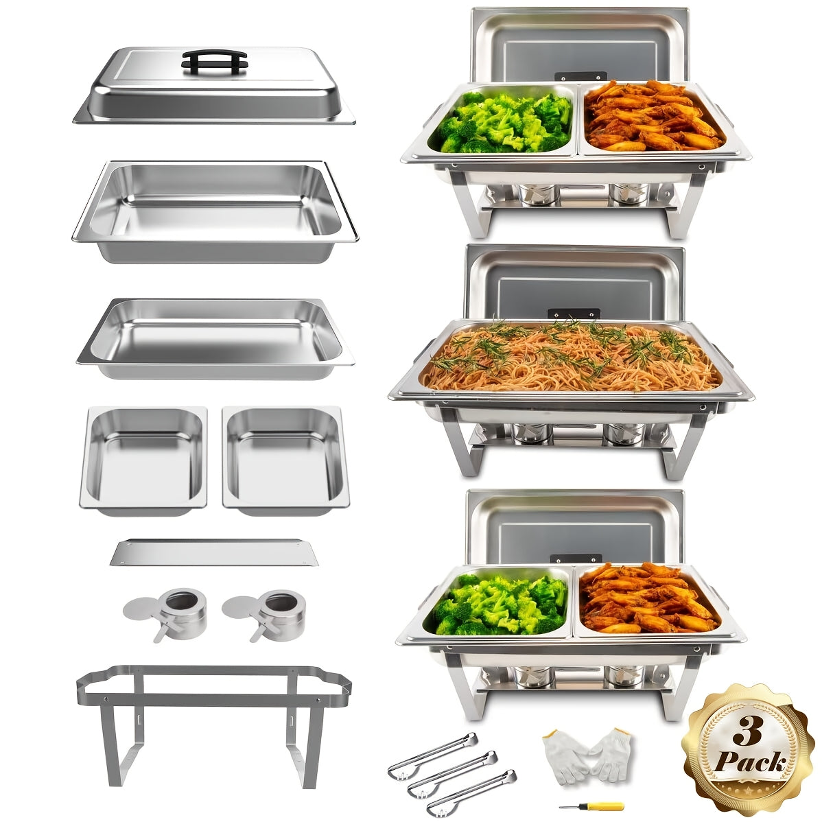 One set of 8QT Stainless Steel Chafing Dishes, includes Full & Half Pans and Foldable Stand. Ideal for Weddings, Parties, Banquets, Catering and Events. Comes with 1 full and 1 half piece.