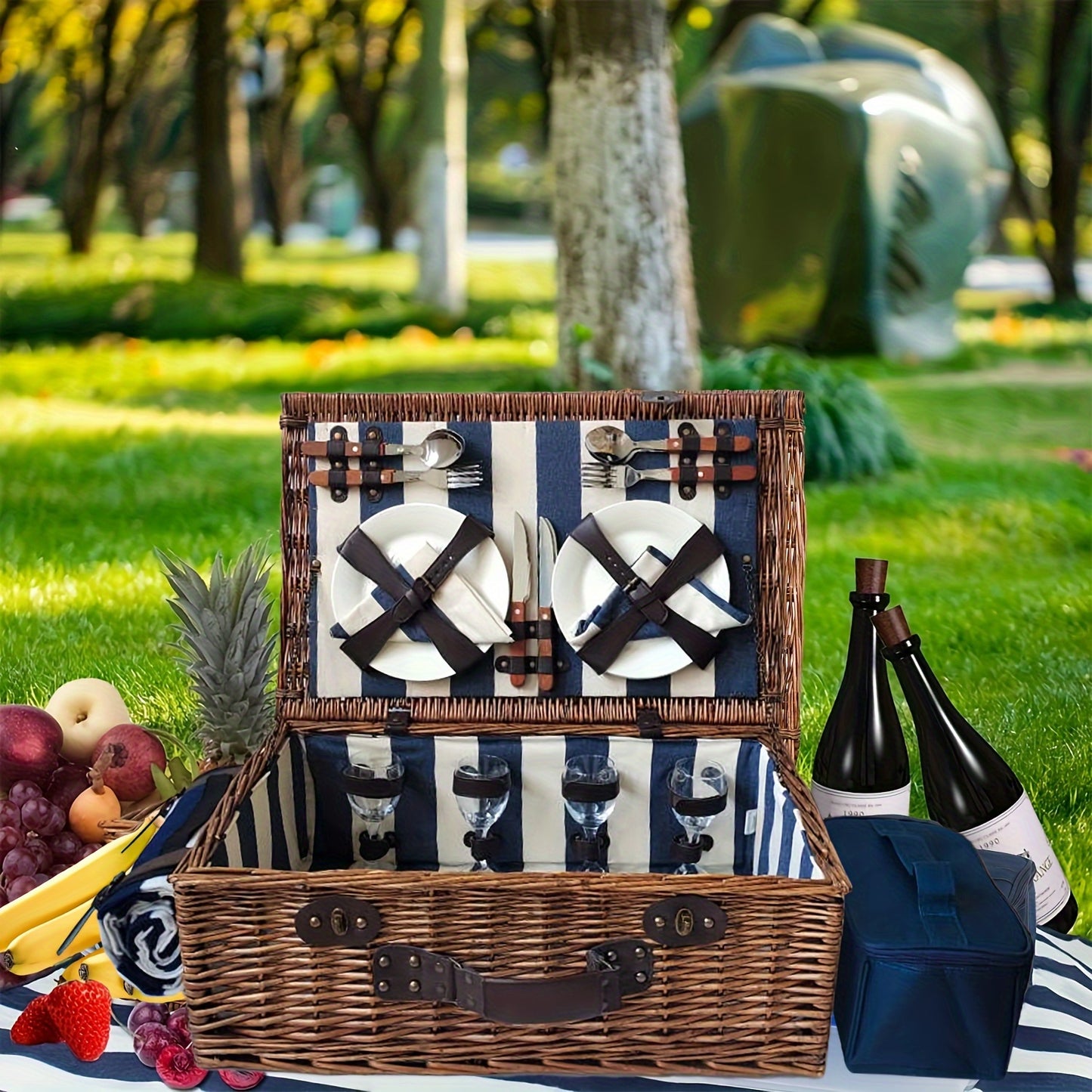 XL Willow picnic basket for four, with service set and free accessories - a perfect gift.