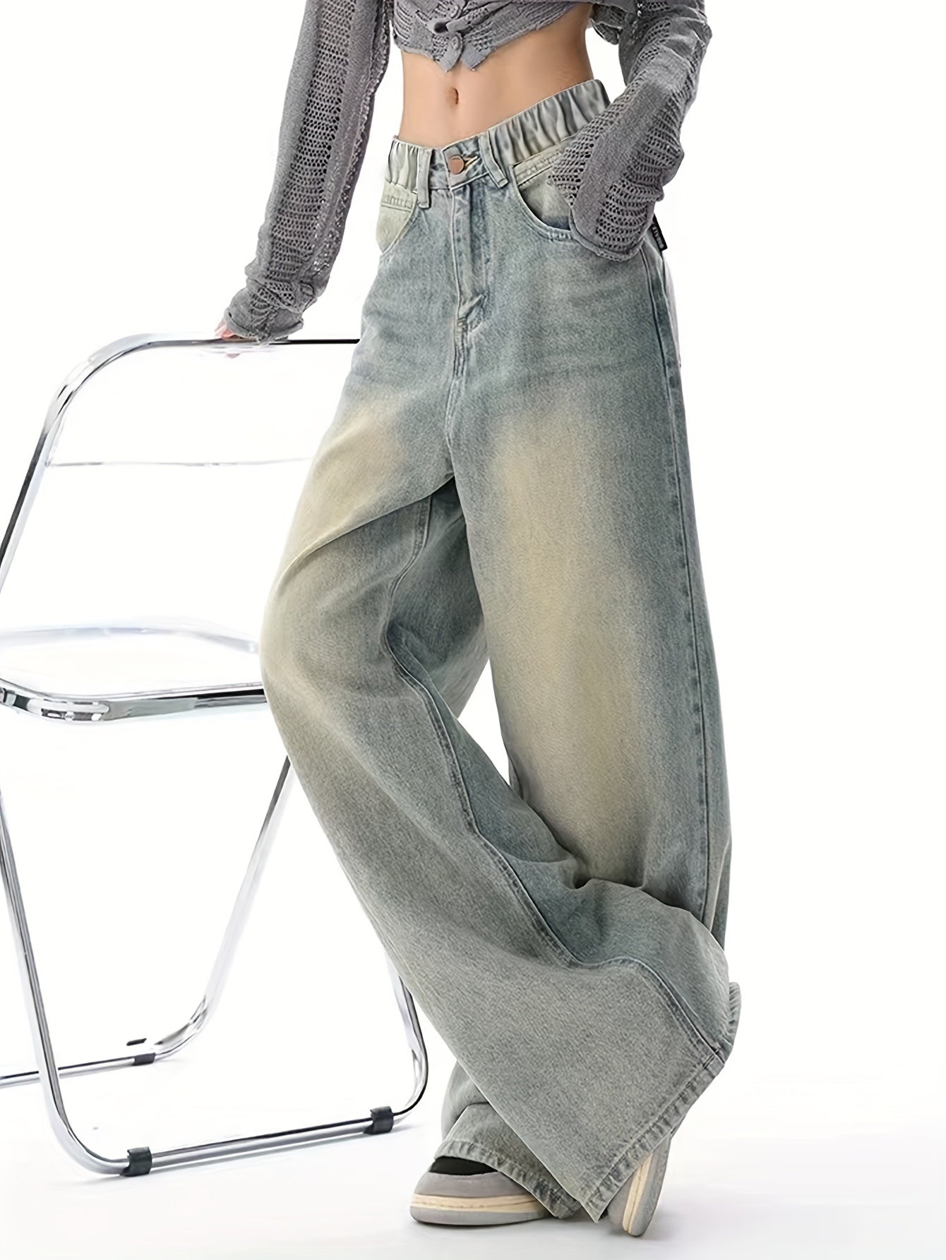 Durable vintage washed grey wide-leg jeans for teen girls with elastic waistband, machine washable, allseason denim.