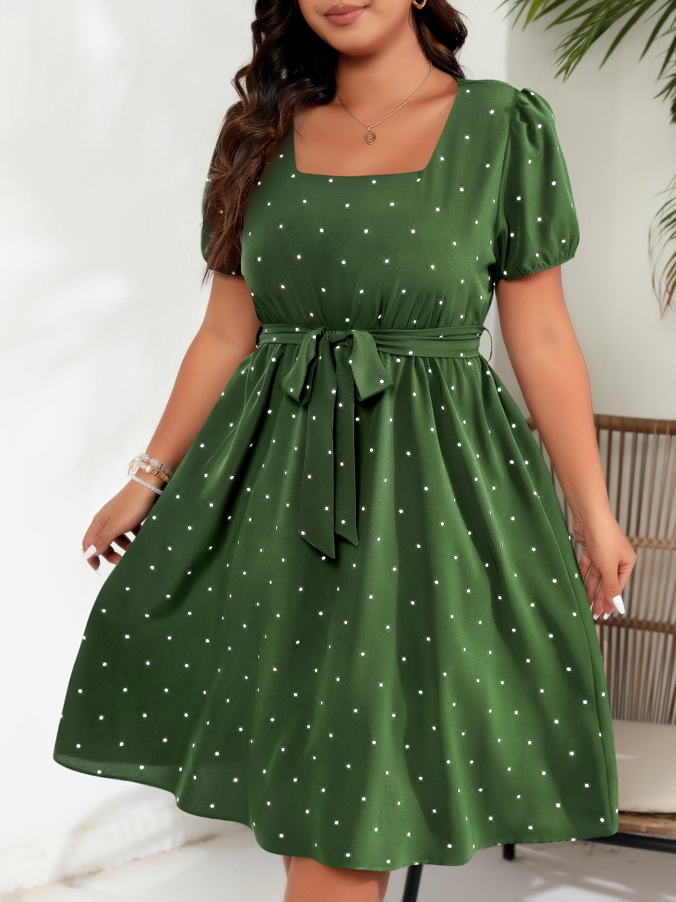 Polka Dot Print Dress - Square Neck, Short Sleeve, Belted - Plus Size Women's Clothing