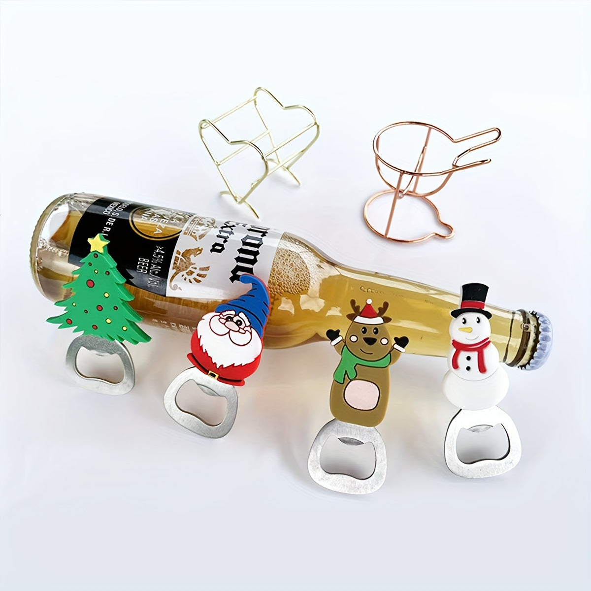 Festive stainless steel Christmas bottle openers in Santa, Reindeer, Tree, and Eagle designs for kitchen and party supplies.