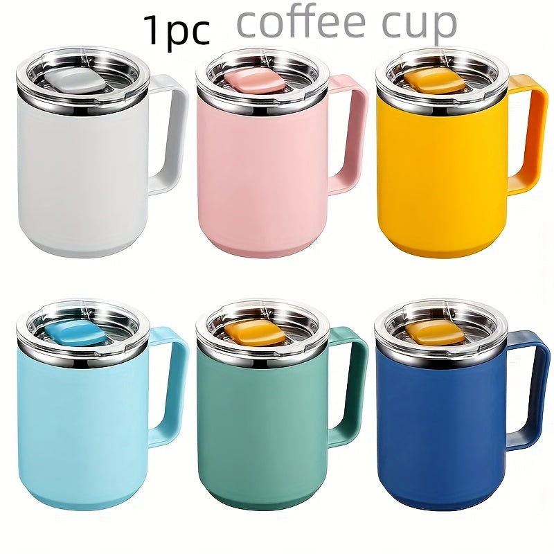 Colorful insulated coffee mugs with handles, lids, and double-wall vacuum design - perfect for office, outdoor, and school use.