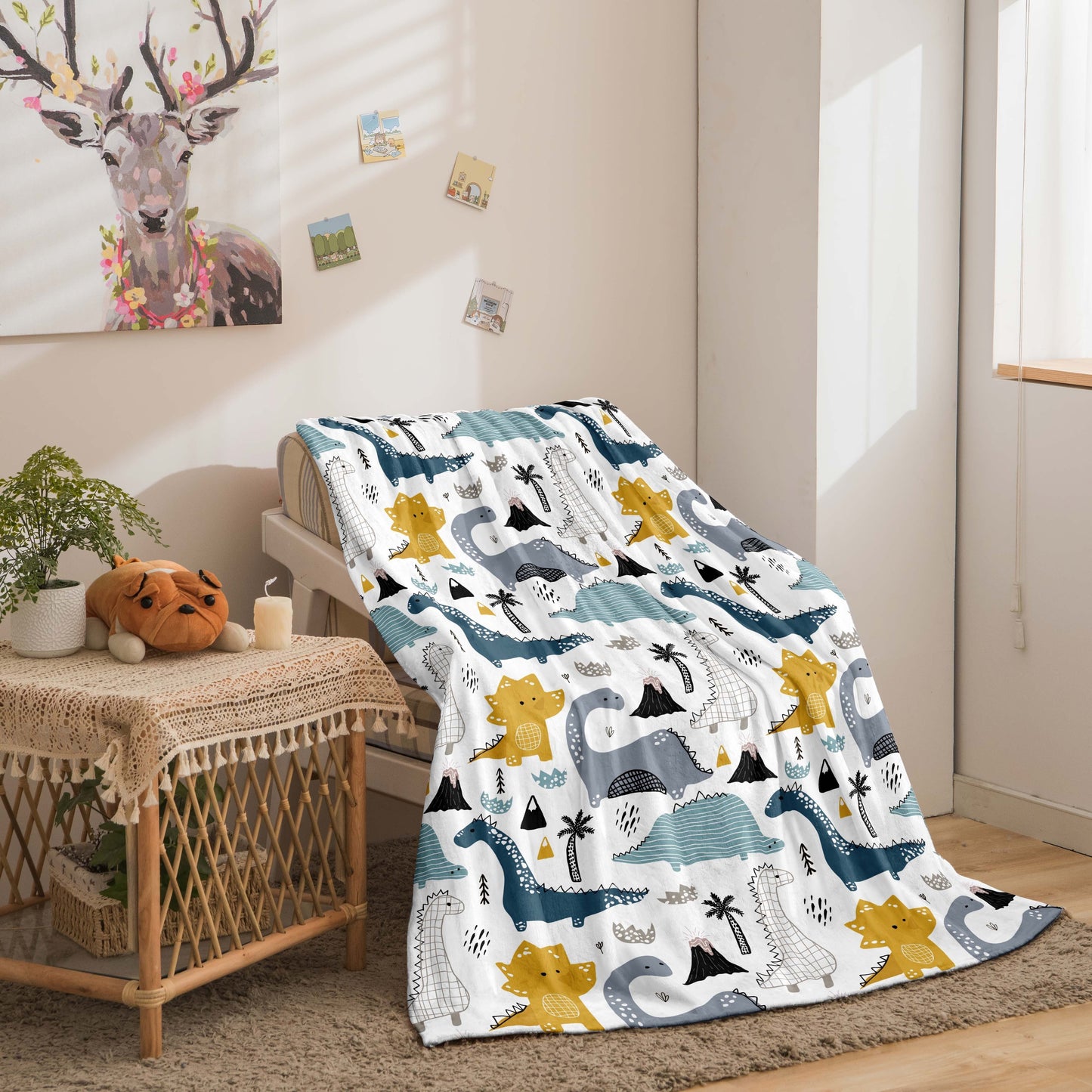 Stay cozy with this adorable Cartoon Dinosaur Pattern Flannel Throw Blanket. Made from soft polyester in a knitted design, this blanket is perfect for young ones to cuddle up with. Available in mixed colors, this dinosaur-themed blanket is sure to keep