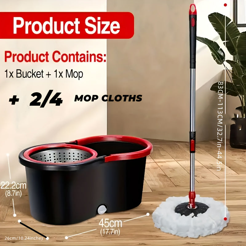 No electricity required, this commercial-grade Spin Mop and Bucket Set is the perfect solution for wet and dry floor cleaning in any room of your home or outdoor space. Including 1/2/4 mop heads and made of durable metal and plastic, this set also