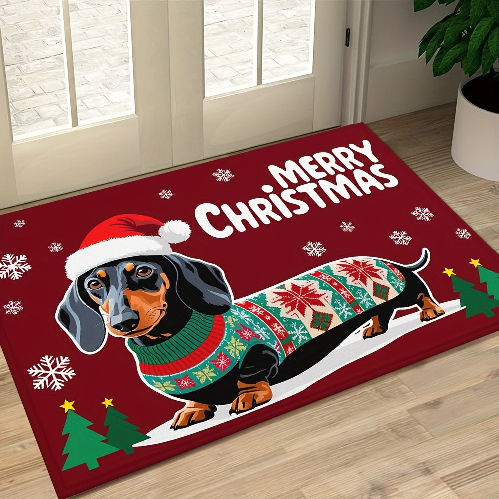 Welcoming Christmas Dachshund Doormat - Non-Slip, Easy-Clean Polyester Mat with Rubber Backing, Lightweight & Durable, Braided Rectangle Floor Mat for Home, Bathroom, Balcony - Festive Dog in Santa Hat for Holiday Decor