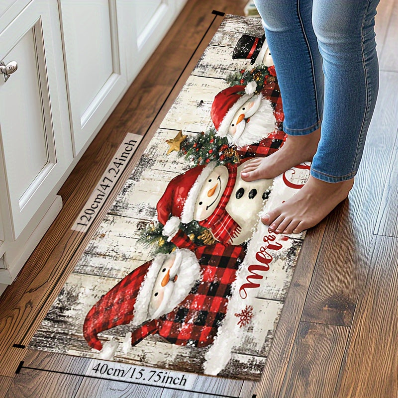 Christmas plush rug featuring Santa and a snowman, with a weight of 930gsm and a thickness of 5mm. Includes non-slip backing and is machine washable. Suitable for use in the living room, bedroom, kitchen, and for indoor/outdoor use.