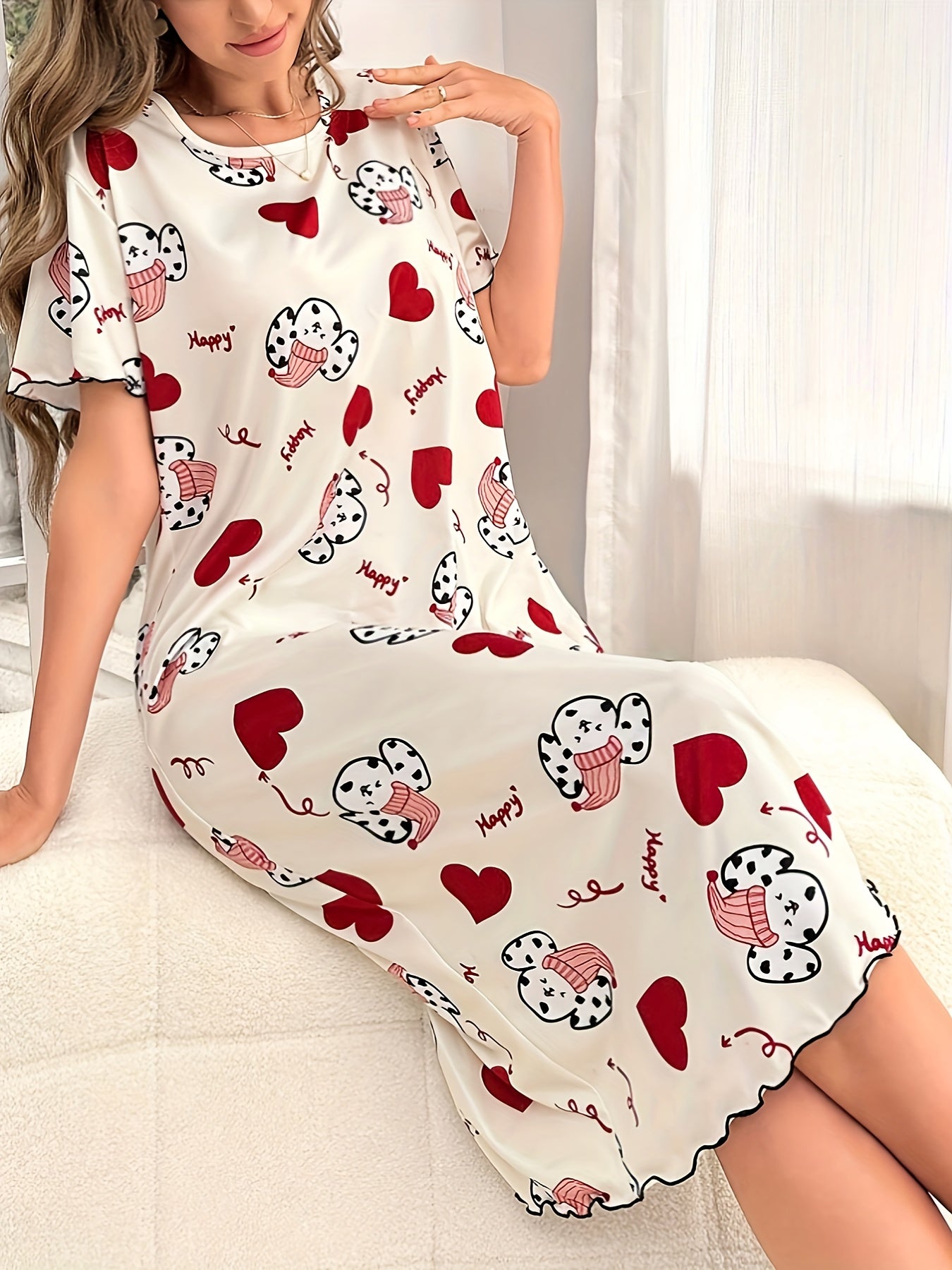 Cozy pajama dress with spotted dog & heart print, short sleeve, round neck, soft poly blend, machine washable