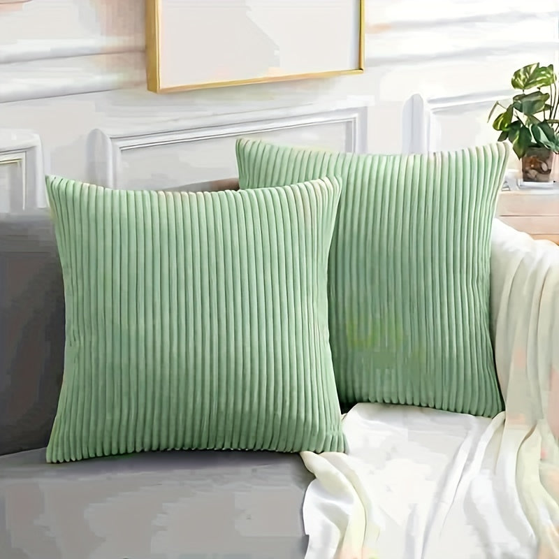 Stylish soft corduroy throw pillow covers in a striped square pattern for living room, bedroom, or sofa decor. Features double-sided printing and fits 45.72cm pillows. Set of 2, pillow inserts not included.