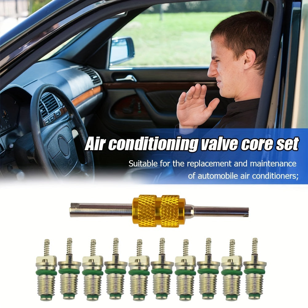 Maintenance kit for automotive air conditioners, featuring a set of 10 high-pressure green valve cores made of brass. Includes dual-headed replacements, no electricity needed.