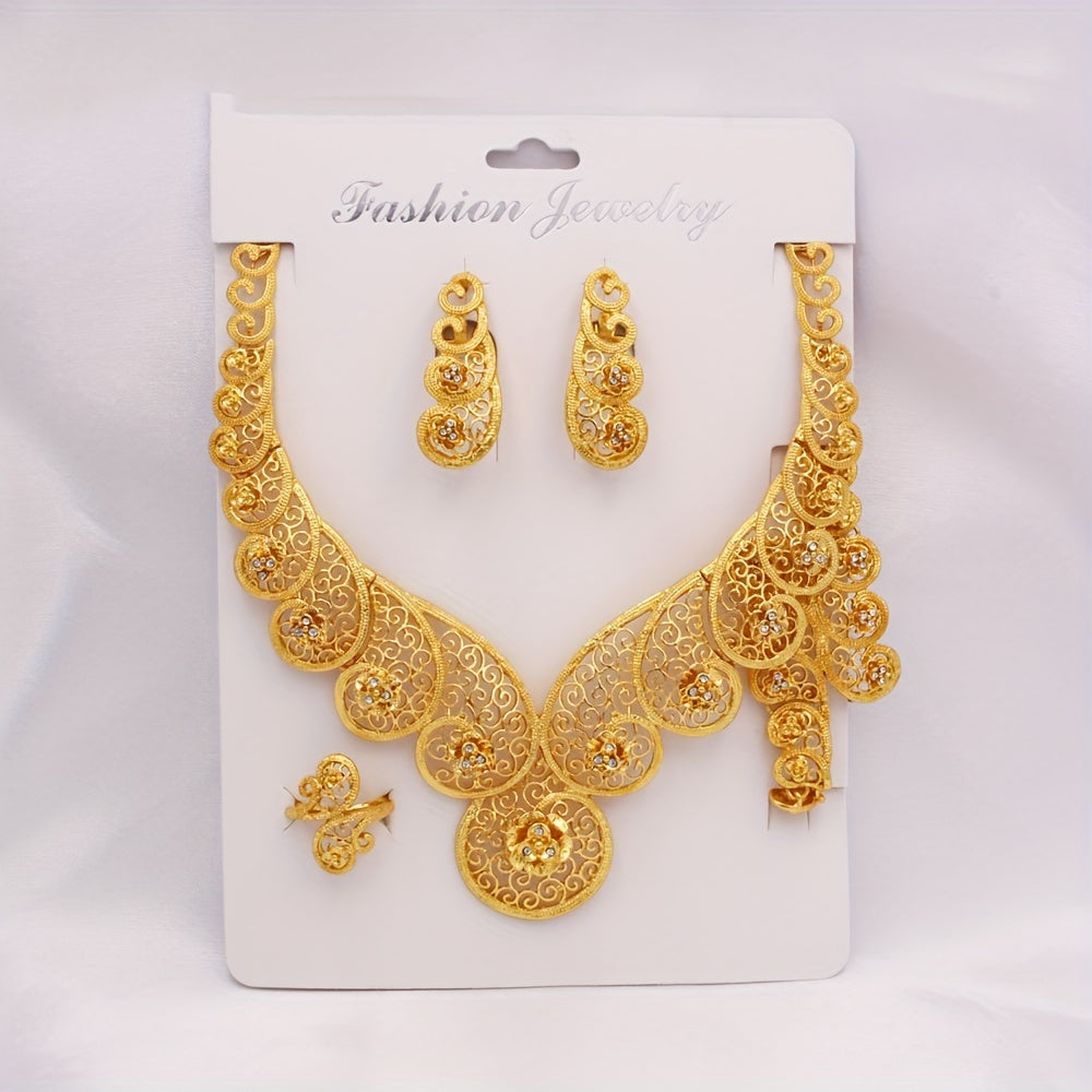 Luxurious 4-piece JIAMILA Tribal Style Jewelry Set crafted with Gold-Plated Zinc Alloy and adorned with Rhinestones. This set includes a Necklace, Bracelet, Ring, and Earrings designed for Women, ideal for both daily wear and special festival