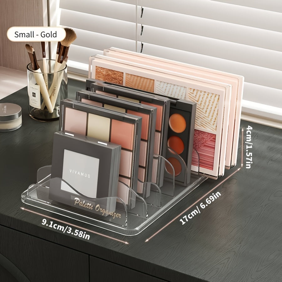 Plastic makeup palette organizer with wave divider, countertop storage rack for cosmetics. Compact and lightweight, under 68.58 cm tall. Stores multiple makeup palettes.