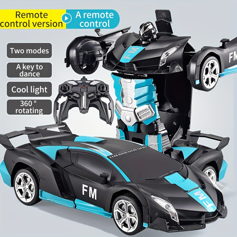 Remote control car transforms into robot, drifts 360°, with dynamic lights and USB rechargeable battery. Black and blue sports car design, great for outdoor play. Ideal birthday or holiday