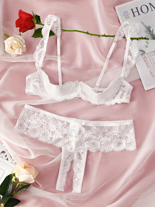 Floral lace lingerie set with open bust bra and crotchless panties for women.