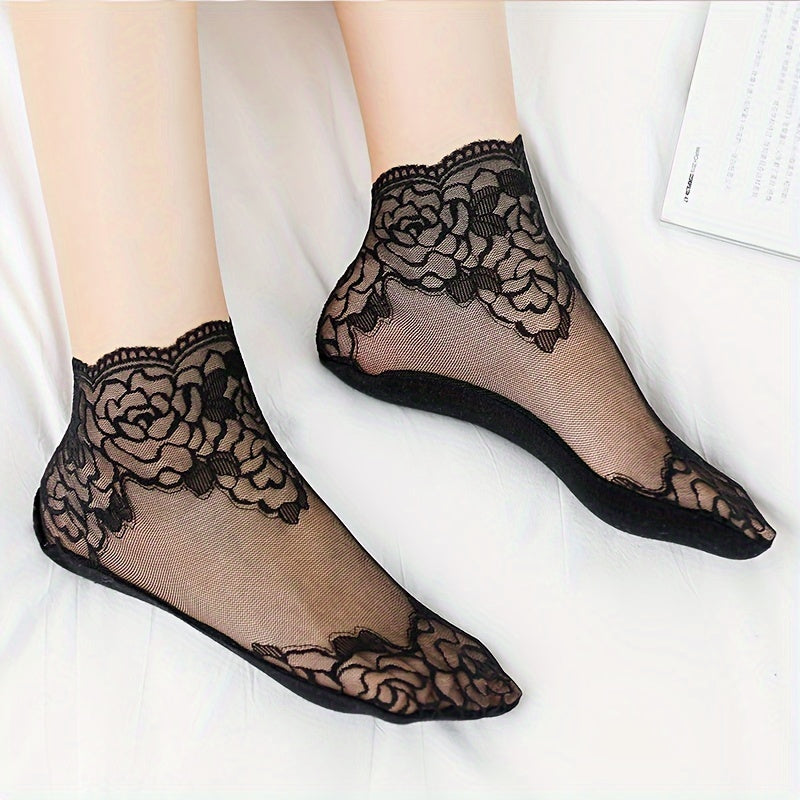 1 Pair/5 Pairs of Fashion Lace Trim Short Socks for Women, Semi-Transparent and Lightweight