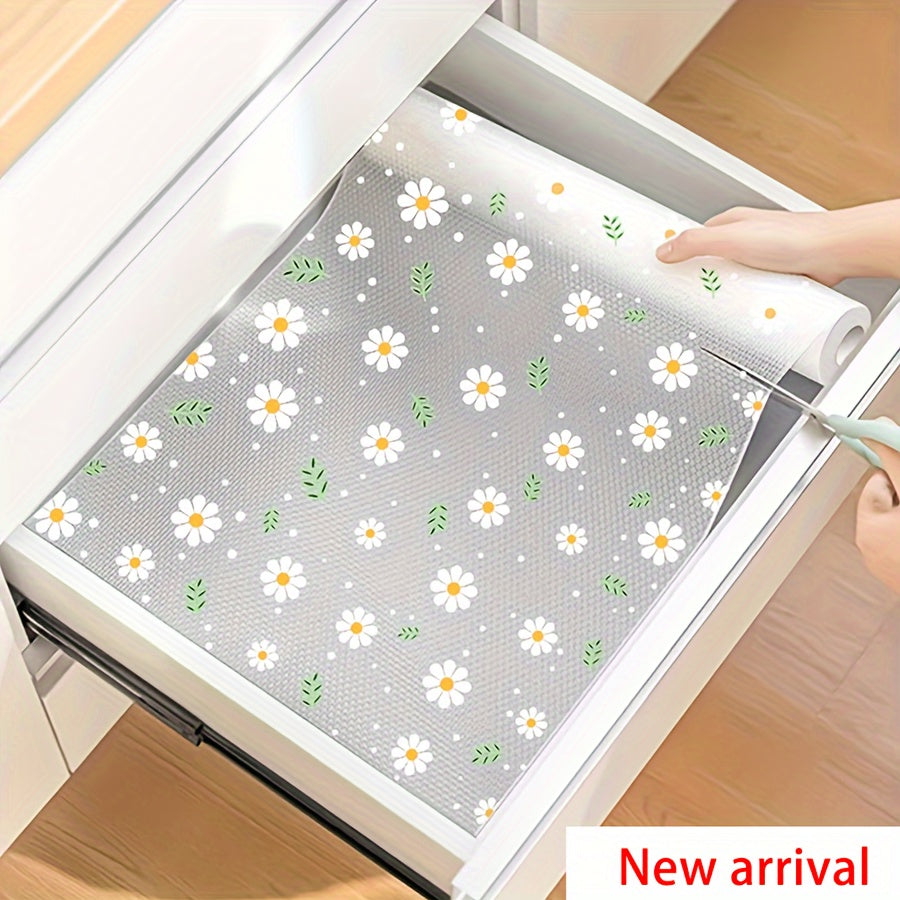 Translucent Daisy Pattern Shelf Liner for Kitchen Cabinets, Drawers, and Shoe Racks - Waterproof, Moisture-Proof, Stain & Oil Resistant, Anti-Mold, Dustproof - Non-Adhesive EVA Mat - 1 Roll