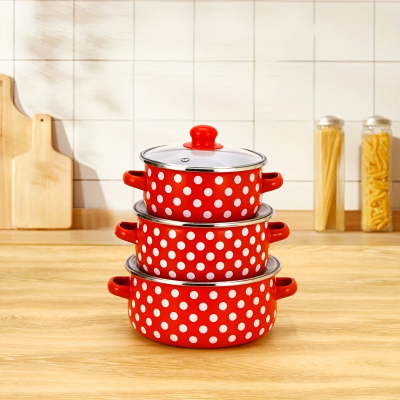 Stylish Red and White Enamel Cookware Set with Polka Dot Design - Ideal for Cooking and Dining Area