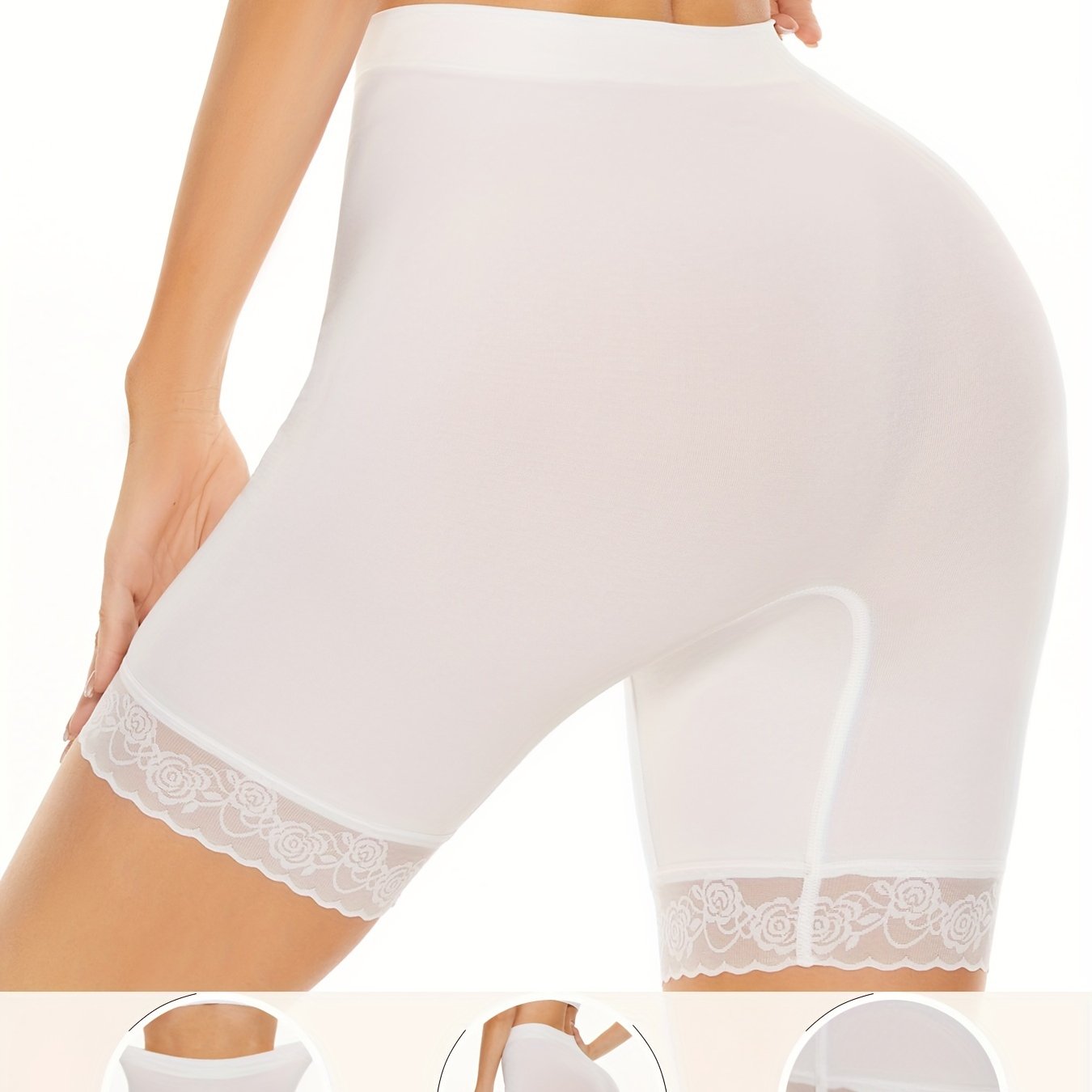 Seamless lace-trimmed chub rub shorts for women with high waist, anti-chafing properties, and made from a stretchy nylon/elastane blend, perfect for dresses and skirts.