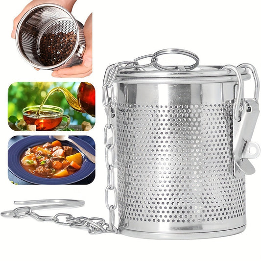 This spice infuser is made of durable stainless steel and features a buckled lid and extended chain for easy use. The fine mesh seasoning strainer is perfect for soups, teas, and herbs, making it ideal for both home cooking and restaurant use.