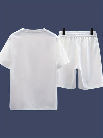 Men's casual 2-piece set: short sleeve t-shirt and drawstring shorts made of breathable polyester, perfect for summer fashion.