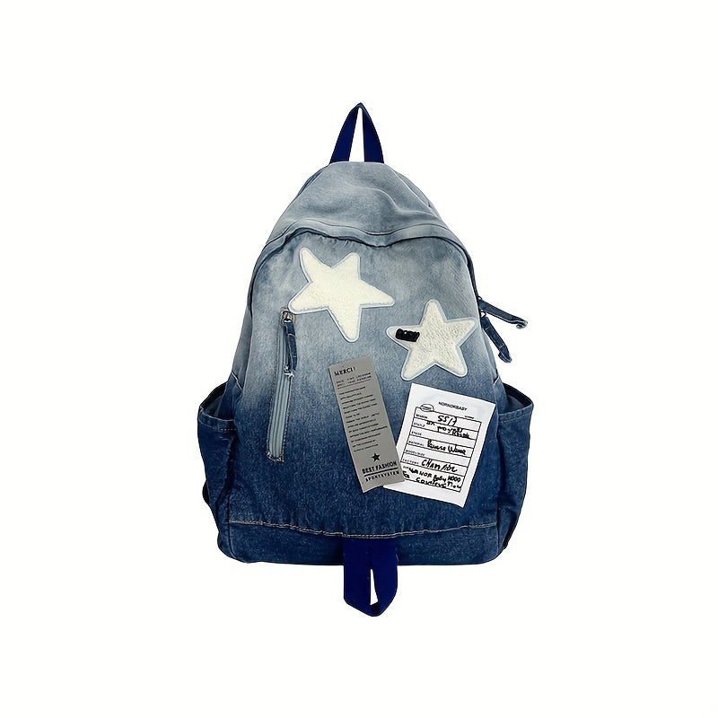 Punk Goth Denim Backpack with Star Patch, Zip Closure, Multiple Compartments, Large Capacity for Students & Everyday Use