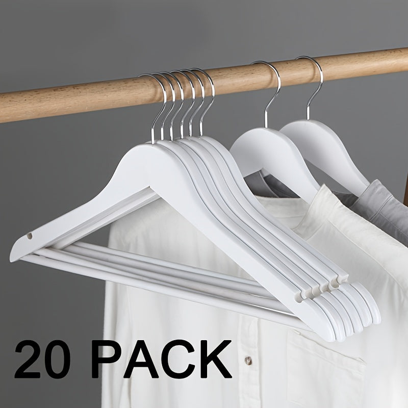 20 wooden hangers with non-slip pants drying rack feature, designed to hold heavy suits securely. Perfect for organizing clothes in your closet, bedroom, home, dorm or any living space. A must-have accessory for your bedroom.