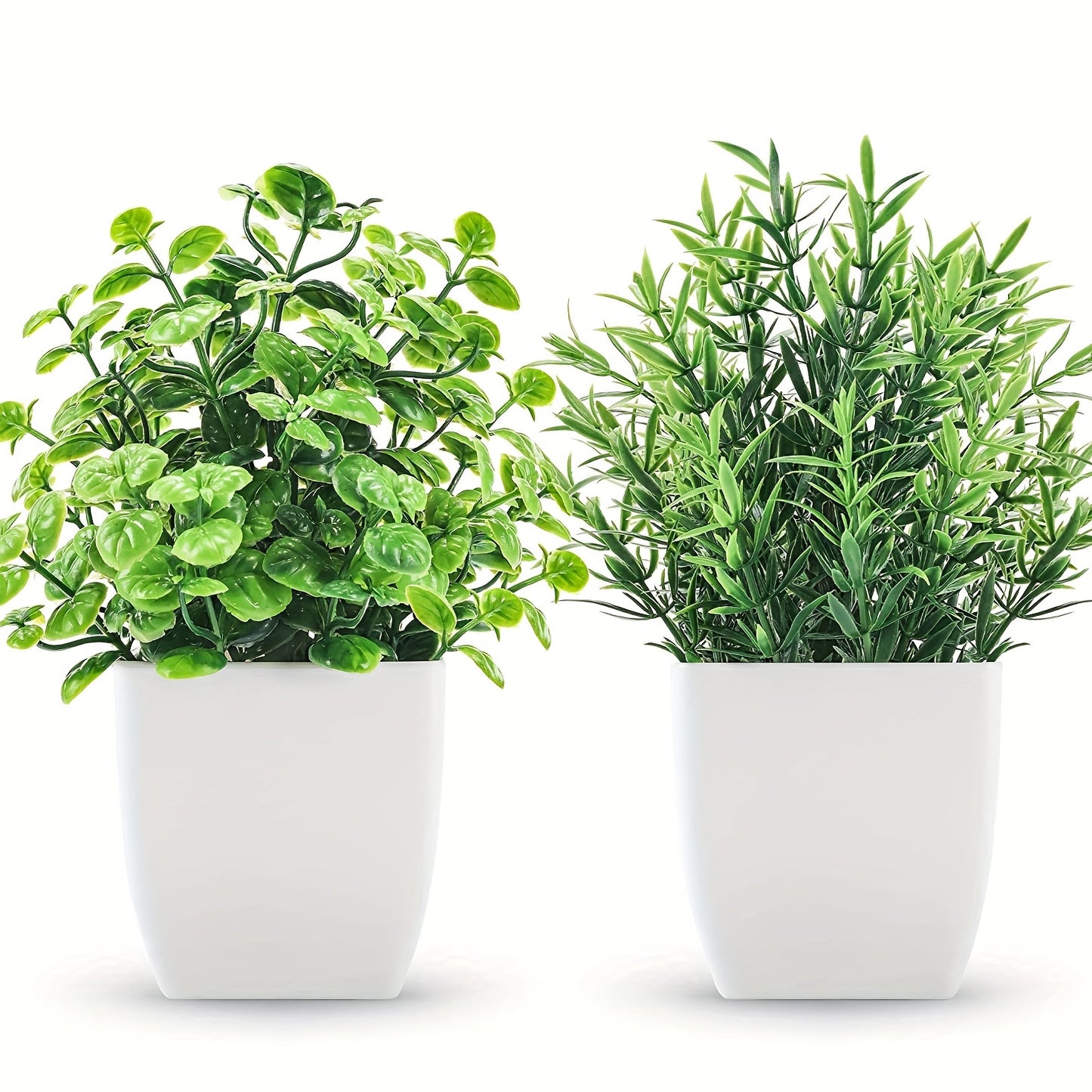 2 artificial mini potted plants with green eucalyptus leaves for summer home or desk decor.