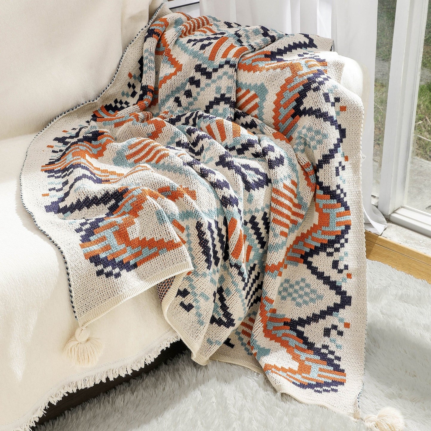 Bohemian Blanket with Geometric Pattern and Tassel - Ideal for Nap Time, as a Sofa Throw, or to keep you cozy while using the Air Conditioning