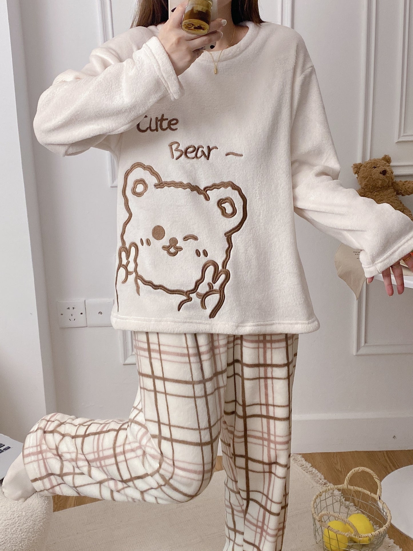 Women's cozy fleece pajama set with cute cartoons & letters, includes long sleeve top, plaid pants, perfect for fall & winter